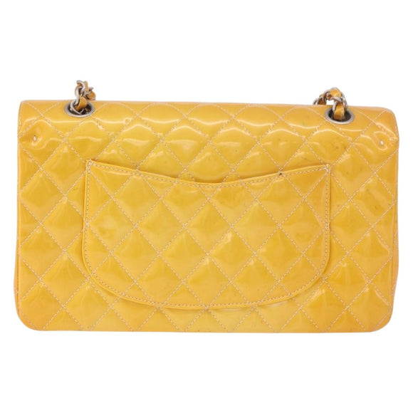 CHANEL Chain Matelasse 25 Bag Patent leather Yellow Silver CC Auth 189089