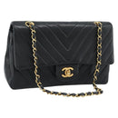 CHANEL V stitch Chain Shoulder Bag Lamb Skin Black Gold CC Auth 189090M-1