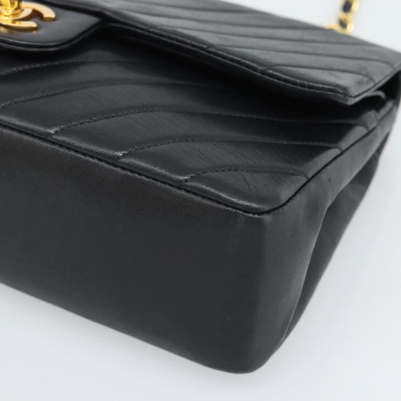 CHANEL V stitch Chain Shoulder Bag Lamb Skin Black Gold CC Auth 189090M