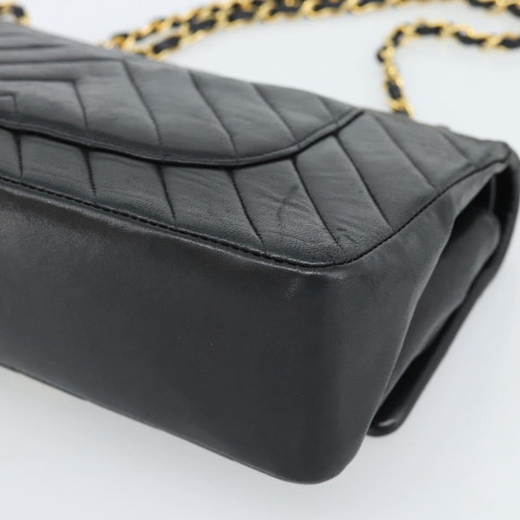 CHANEL V stitch Chain Shoulder Bag Lamb Skin Black Gold CC Auth 189090M