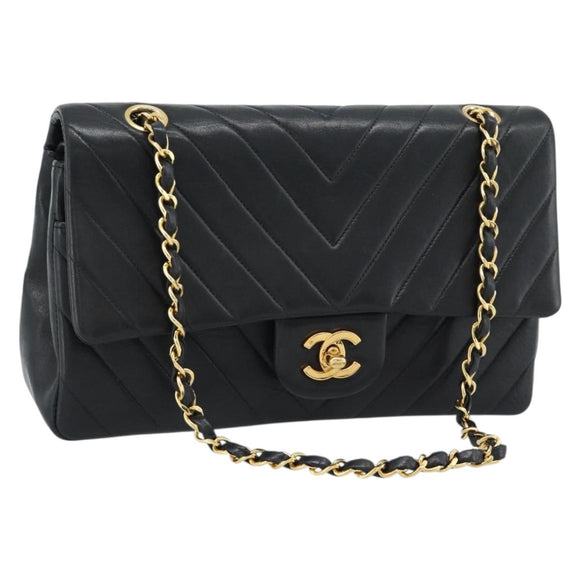 CHANEL V-stiksel Schoudertas met ketting Lamsleer Zwart Goud CC Auth 189090M