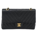 CHANEL V stitch Chain Shoulder Bag Lamb Skin Black Gold CC Auth 189090M-2