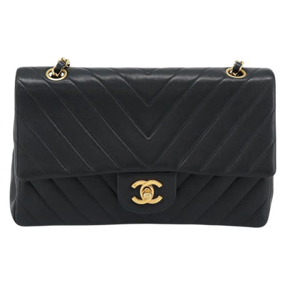 CHANEL V stitch Chain Shoulder Bag Lamb Skin Black Gold CC Auth 189090M - 0