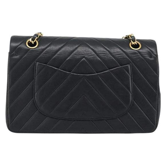 CHANEL V stitch Chain Shoulder Bag Lamb Skin Black Gold CC Auth 189090M