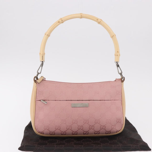 GUCCI Bamboo GG Canvas Schoudertas Roze Goud 001 3870 Auth 189093V