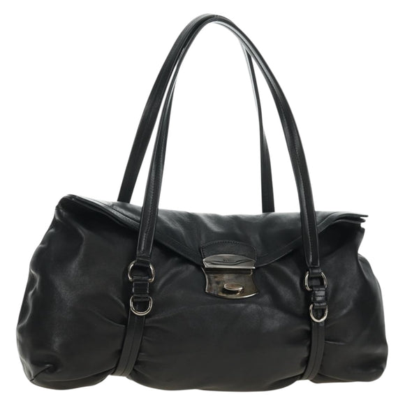 PRADA Hand Bag Leather Black Silver Auth 189104V