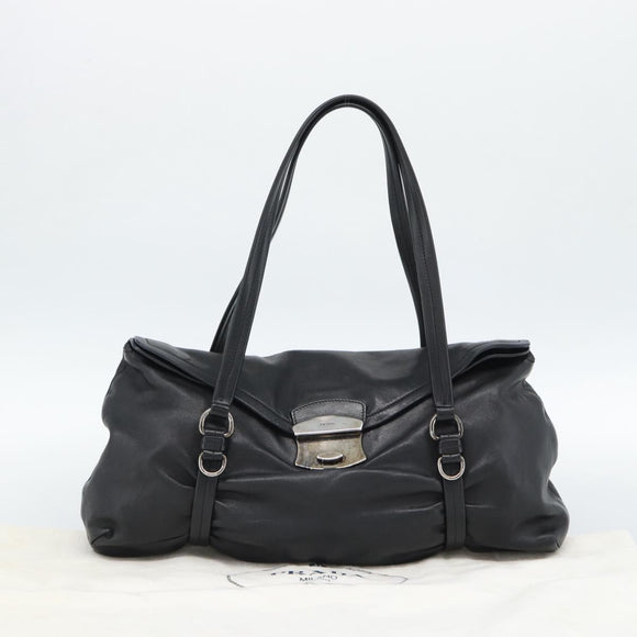 PRADA Hand Bag Leather Black Silver Auth 189104V
