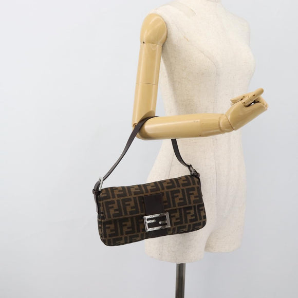 FENDI Zucca Canvas Mamma Baguette Shoulder Bag Black Brown Auth 189109V