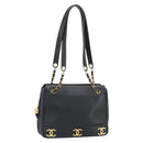 CHANEL Triple Coco Chain Shoulder Bag Caviar Skin Black Gold CC Auth 189110V-1