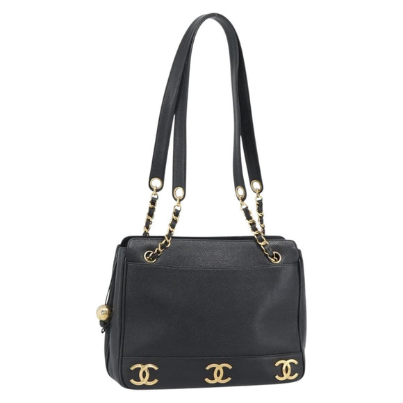 CHANEL Triple Coco Chain Shoulder Bag Caviar Skin Black Gold CC Auth 189110V