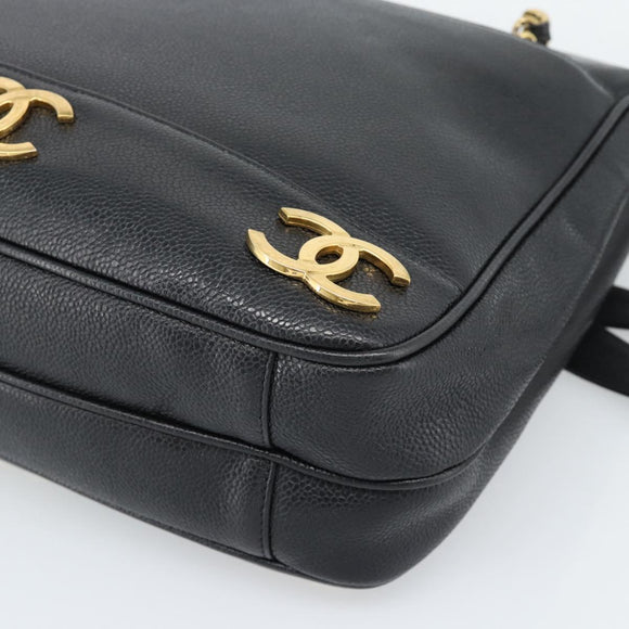 CHANEL Triple Coco Chain Shoulder Bag Caviar Skin Black Gold CC Auth 189110V