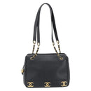 CHANEL Triple Coco Chain Shoulder Bag Caviar Skin Black Gold CC Auth 189110V-2