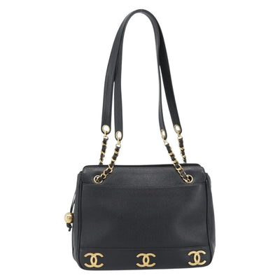 CHANEL Triple Coco Chain Shoulder Bag Caviar Skin Black Gold CC Auth 189110V - 0