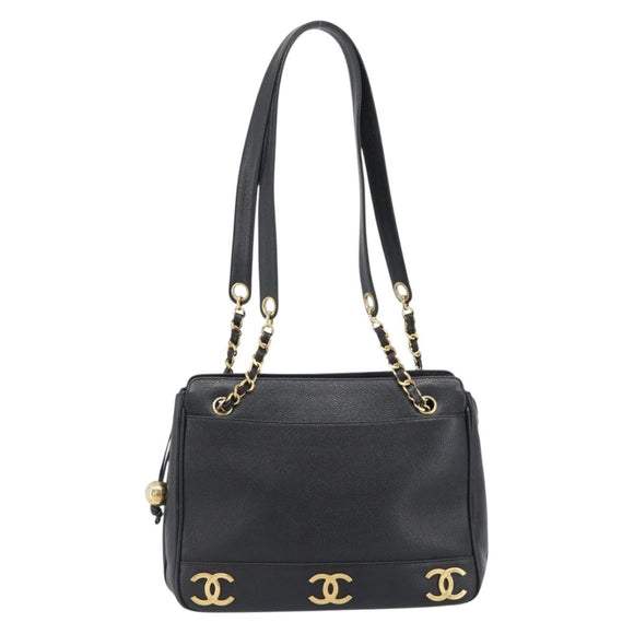 CHANEL Triple Coco Chain Shoulder Bag Caviar Skin Black Gold CC Auth 189110V