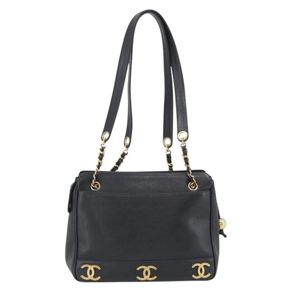 CHANEL Triple Coco Chain Shoulder Bag Caviar Skin Black Gold CC Auth 189110V