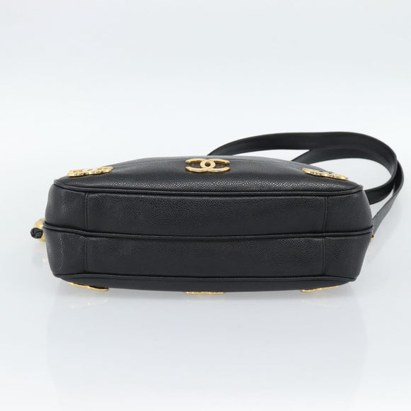 CHANEL Triple Coco Chain Shoulder Bag Caviar Skin Black Gold CC Auth 189110V