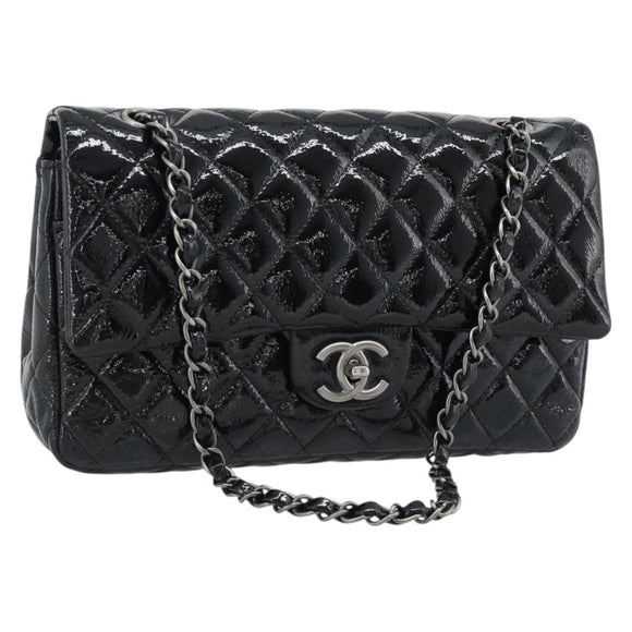 CHANEL Matelasse 25 Chain Bag Patent leather Black Silver CC Auth 189112SM