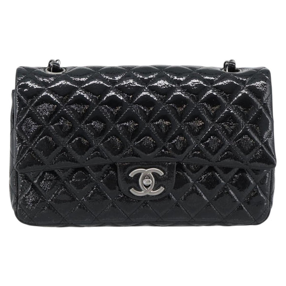 CHANEL Matelasse 25 Chain Bag Patent leather Black Silver CC Auth 189112SM