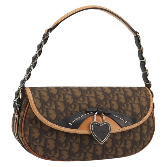 Christian Dior Trotter Canvas Romantische Kettingtas PVC Bruin Zilver Auth 189117SM