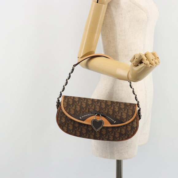 Christian Dior Trotter Canvas Romantische Kettingtas PVC Bruin Zilver Auth 189117SM