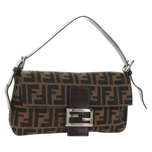 FENDI Zucca Canvas Mamma Baguette Shoulder Bag Black Brown Auth 189121SV