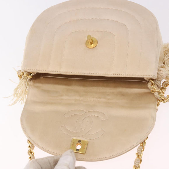 CHANEL Chain Shoulder Bag Satin Champagne Gold Gold CC Auth 189130A