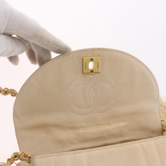 CHANEL Chain Shoulder Bag Satin Champagne Gold Gold CC Auth 189130A