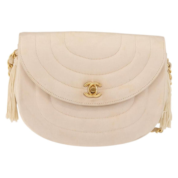 CHANEL Chain Shoulder Bag Satin Champagne Gold Gold CC Auth 189130A