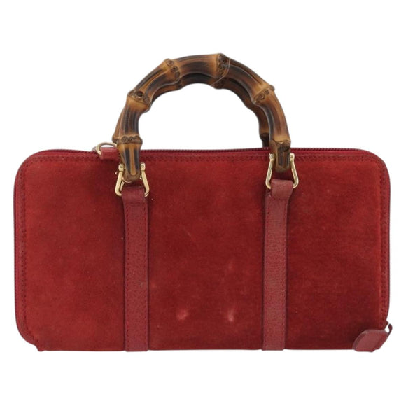 GUCCI Bamboo Shoulder Wallet Outlet Suede 2way Red Gold Auth 189149