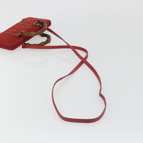 GUCCI Bamboo Shoulder Wallet Outlet Suede 2way Red Gold Auth 189149
