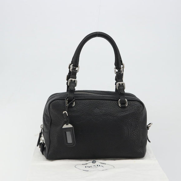 PRADA Boston Bag Leather Black Silver Auth 189156SAV