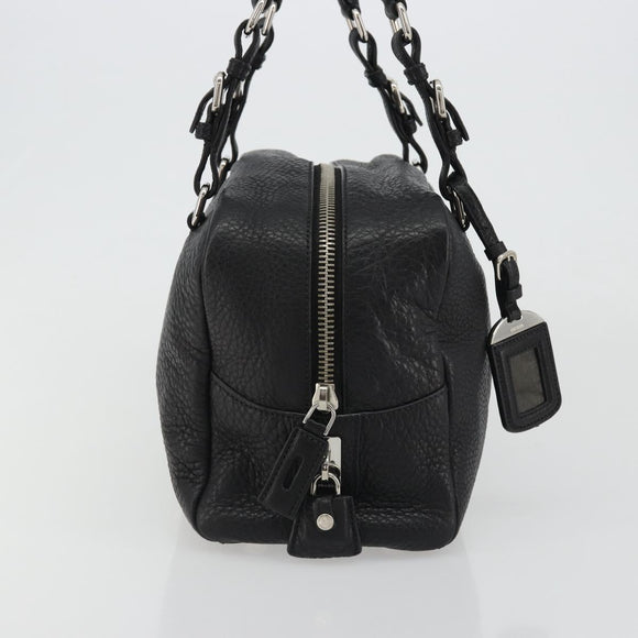 PRADA Boston Bag Leather Black Silver Auth 189156SAV