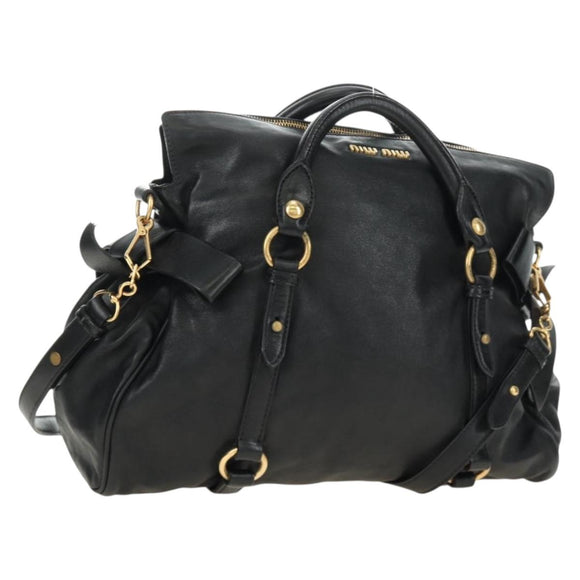 Miu Miu Ribbon Hand Bag Leather 2way Black Gold Auth 189170SAM