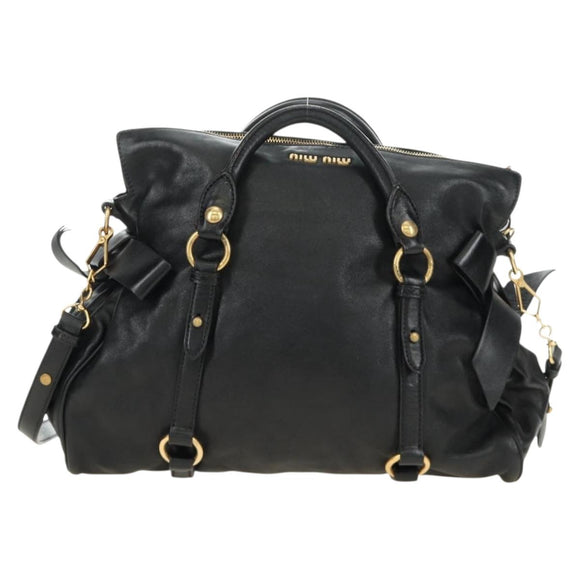 Miu Miu Ribbon Hand Bag Leather 2way Black Gold Auth 189170SAM