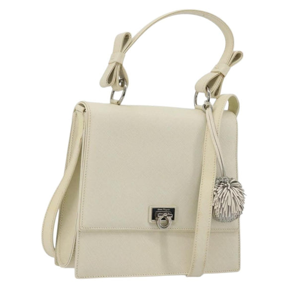 Salvatore Ferragamo Gancini Shoulder Bag Leather 2way White Silver Auth 189177A