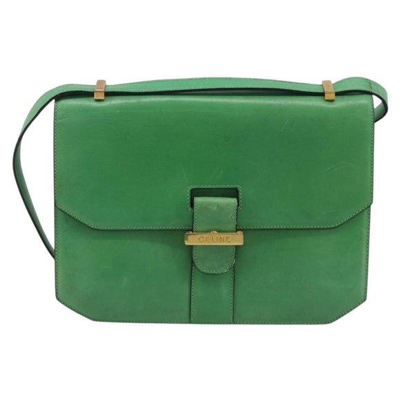 CELINE Shoulder Bag Leather Green Gold Auth 189202