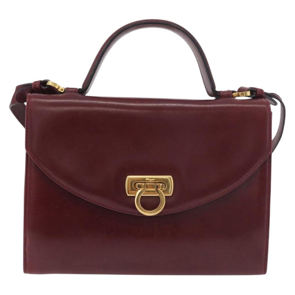 Salvatore Ferragamo Gancini Hand Bag Leather 2way Bordeaux Gold Auth 189226