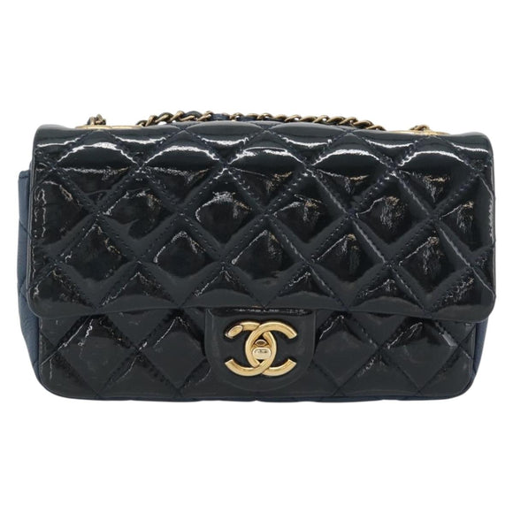 CHANEL Matelasse 21 Chain Bag Patent leather Navy Black CC Auth 189233SAM