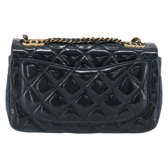 CHANEL Matelasse 21 Chain Bag Patent leather Navy Black CC Auth 189233SAM