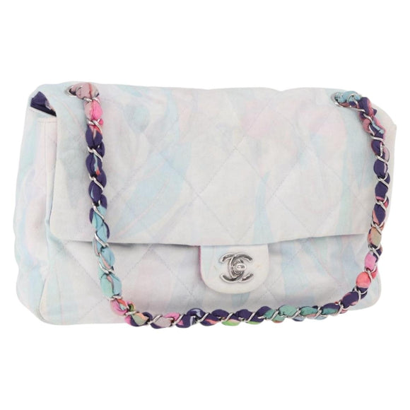 CHANEL Big Matelasse 30 Chain Bag Canvas Light Blue Silver CC Auth 189235SAV