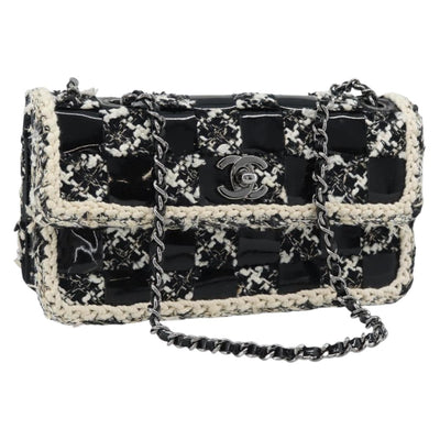 CHANEL Choco Bar Chain Shoulder Bag Tweed Black Silver CC Auth 189240SAM