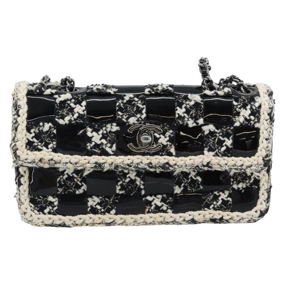 CHANEL Choco Bar Chain Shoulder Bag Tweed Black Silver CC Auth 189240SAM