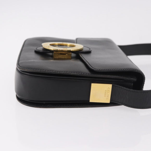 CELINE Circle Shoulder Bag Leather Black Gold Auth 189243A