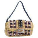 FENDI Mamma Baguette Shoulder Bag Straw Beige Silver Auth 189247SM-1