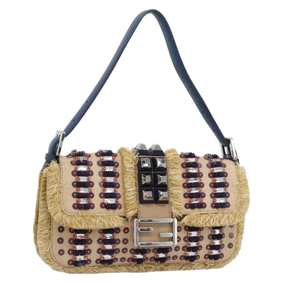 FENDI Mamma Baguette Shoulder Bag Straw Beige Silver Auth 189247SM