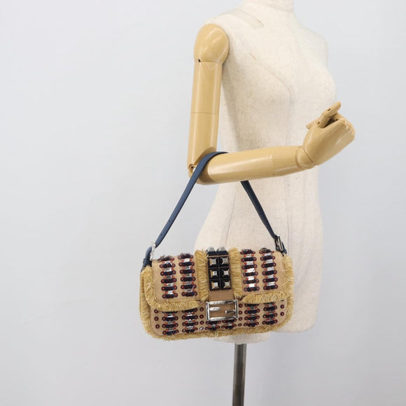 FENDI Mamma Baguette Shoulder Bag Straw Beige Silver Auth 189247SM