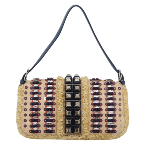 FENDI Mamma Baguette Shoulder Bag Straw Beige Silver Auth 189247SM