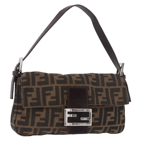 FENDI Zucca Canvas Mamma Baguette Shoulder Bag Black Brown Silver Auth 189252SAM