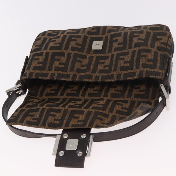 FENDI Zucca Canvas Mamma Baguette Shoulder Bag Black Brown Silver Auth 189252SAM