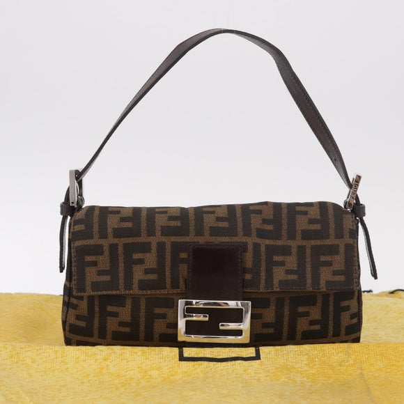 FENDI Zucca Canvas Mamma Baguette Shoulder Bag Black Brown Silver Auth 189252SAM